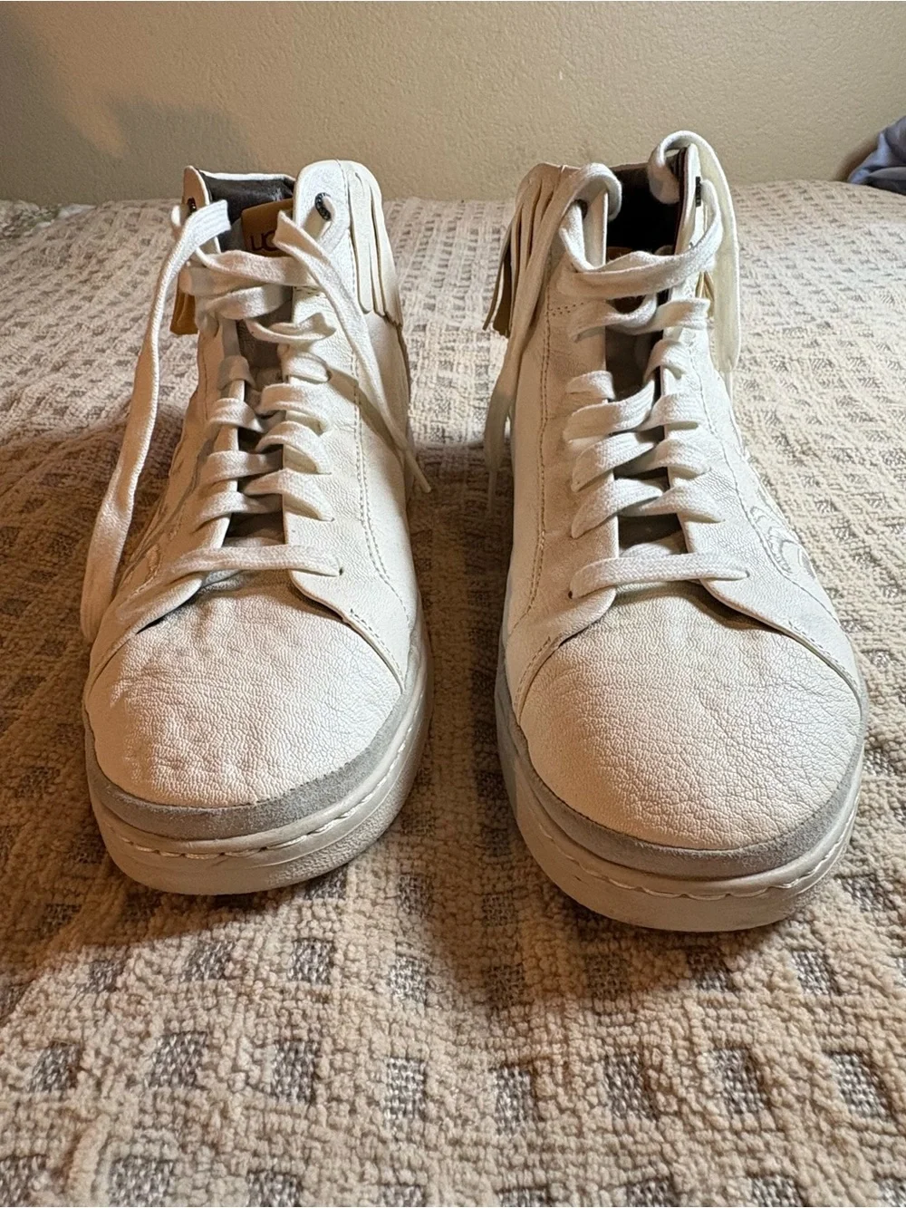 UGG Cream Leather High-Top Sneakers with Fringe